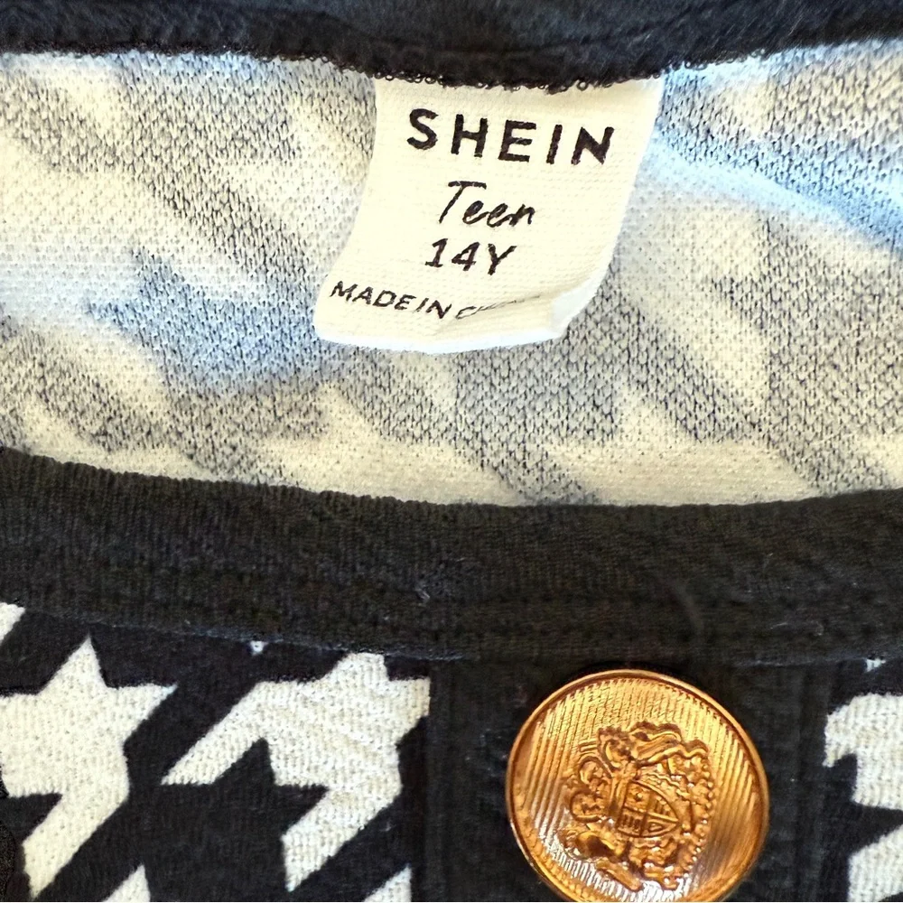 SHEIN Teen Houndstooth Black and‎ White Print Knit Dress Gold Accents SZ 14
